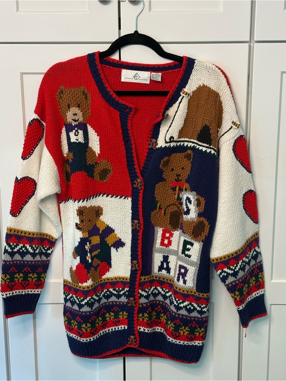 VNTG Design Options Teddy Bear Patchwork Button Cardigan - Red / Navy